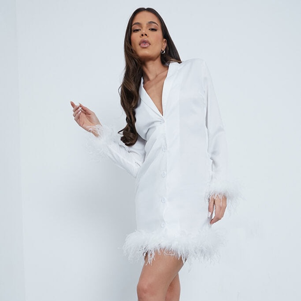 White Satin Feather Cuff & Hem Ruched Blazer Dress
